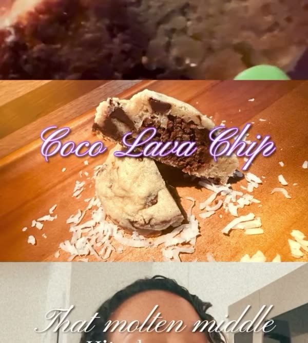 Close pan across a Coco Lava Chip cookie split open with a molten center